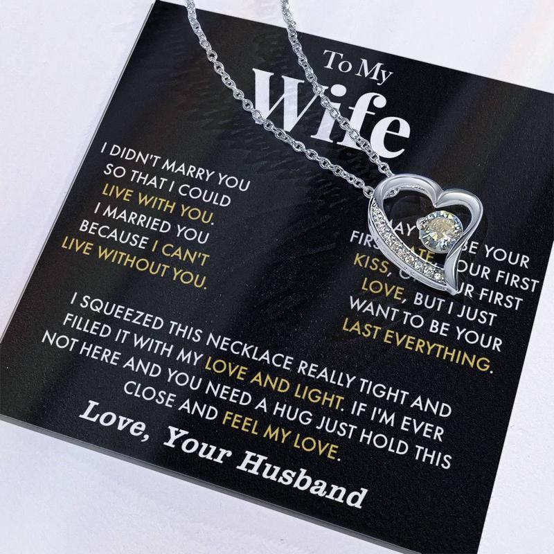 To My Wife Anniversary Necklace with Cubic Zirconia Pendant Love Heart Gift for Wife Birthday Present White Gold Over Stainless Steel Adjustable Chain 18-22