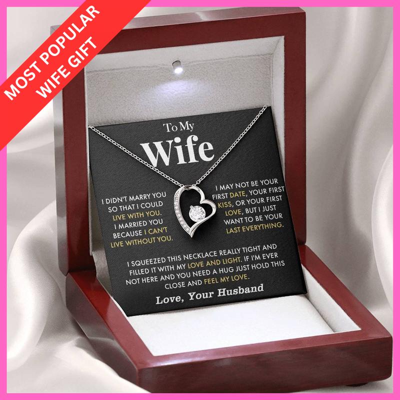 To My Wife Anniversary Necklace with Cubic Zirconia Pendant Love Heart Gift for Wife Birthday Present White Gold Over Stainless Steel Adjustable Chain 18-22