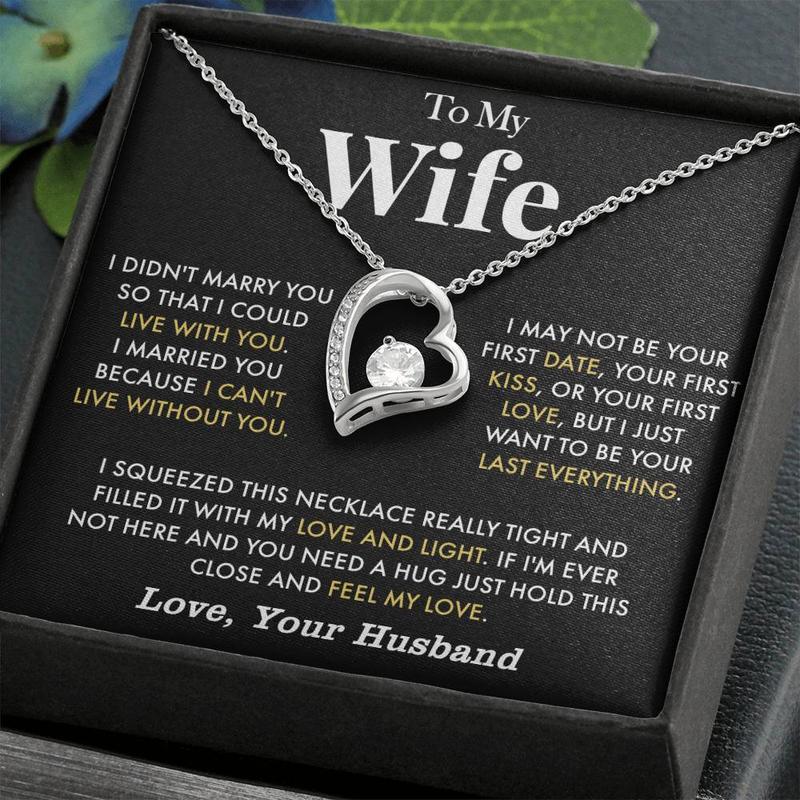 To My Wife Anniversary Necklace with Cubic Zirconia Pendant Love Heart Gift for Wife Birthday Present White Gold Over Stainless Steel Adjustable Chain 18-22