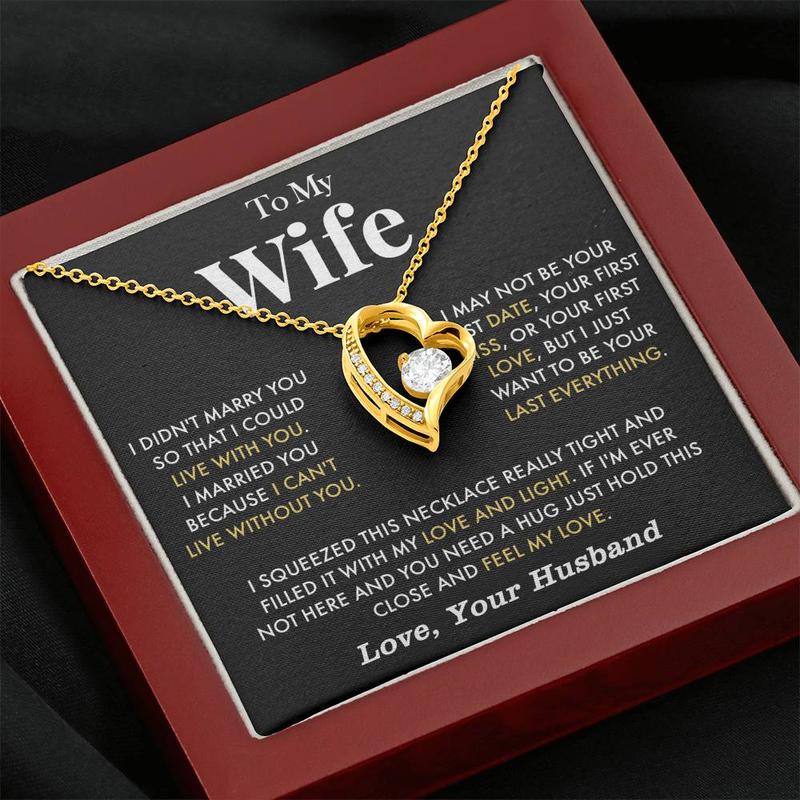 To My Wife Anniversary Necklace with Cubic Zirconia Pendant Love Heart Gift for Wife Birthday Present White Gold Over Stainless Steel Adjustable Chain 18-22