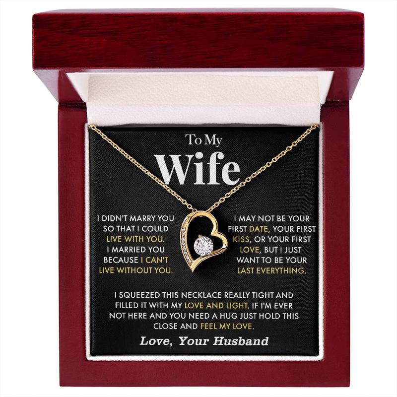 To My Wife Anniversary Necklace with Cubic Zirconia Pendant Love Heart Gift for Wife Birthday Present White Gold Over Stainless Steel Adjustable Chain 18-22