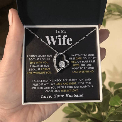To My Wife Anniversary Necklace with Cubic Zirconia Pendant Love Heart Gift for Wife Birthday Present White Gold Over Stainless Steel Adjustable Chain 18-22